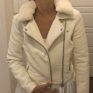 Topshop White Moto Leather Jacket with removable fur collar